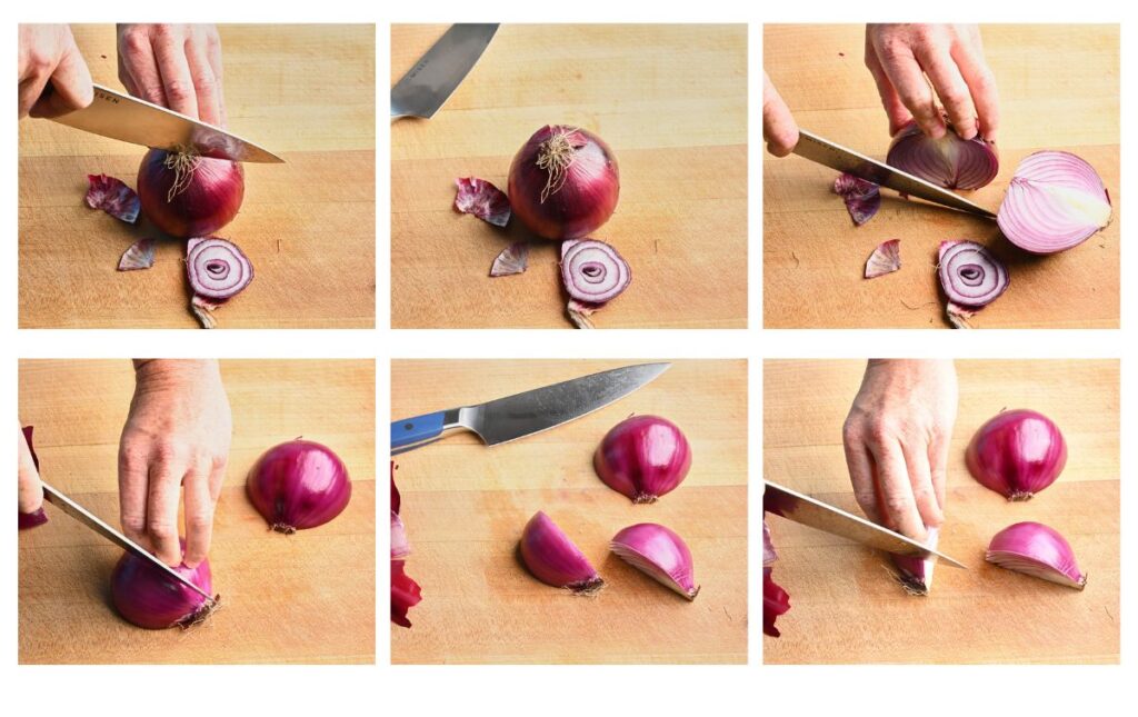 Six images of a red onion being sliced and skin removed on a wooden cutting board. 