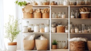 Neutral-toned pantry with decanted items in glass jars, labeled bins, and efficient pantry organization.