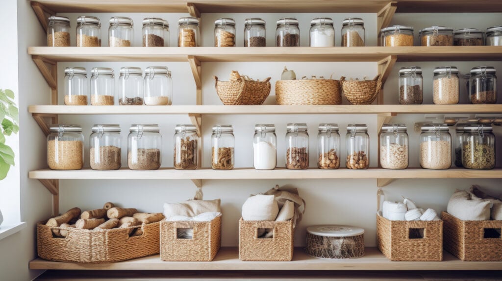 Fully organized pantry with items decanted into glass jars, baskets, and labeled bins.