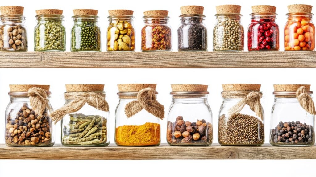 Spices decanted into uniform glass containers with cork tops for a tidy and organized spice storage system.