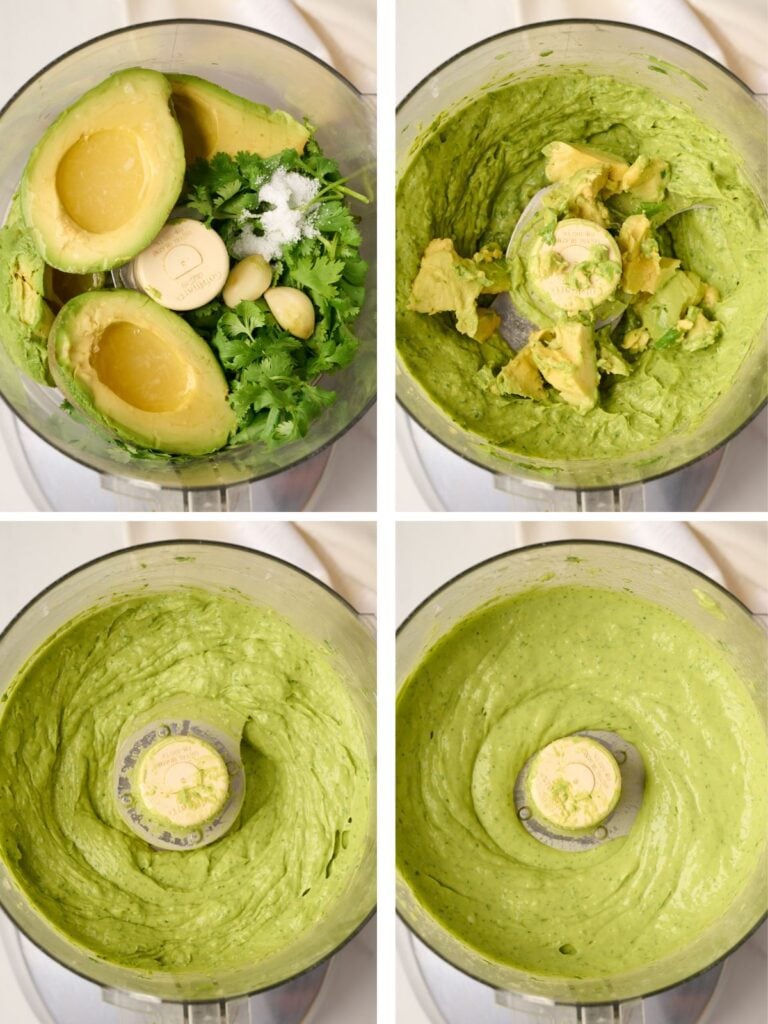 Step-by-step process of making avocado dressing: avocados, garlic, cilantro, and salt in a food processor, pulsed into a chunky mixture, then blended into a smooth and thick dressing, and finally thinned to a pourable consistency with water.