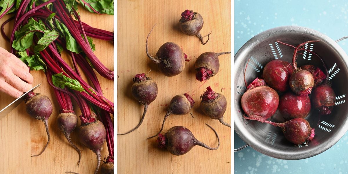 Fresh beets being trimmed, prepped, and washed before roasting on a salt bed.