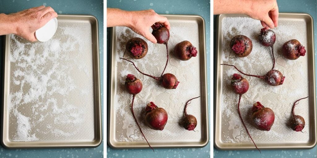 Preparing a salt bed on a baking sheet and arranging whole beets for roasting.