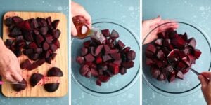 Hand cutting a roasted beets and seasoning finished beets in bowl with vinegar.