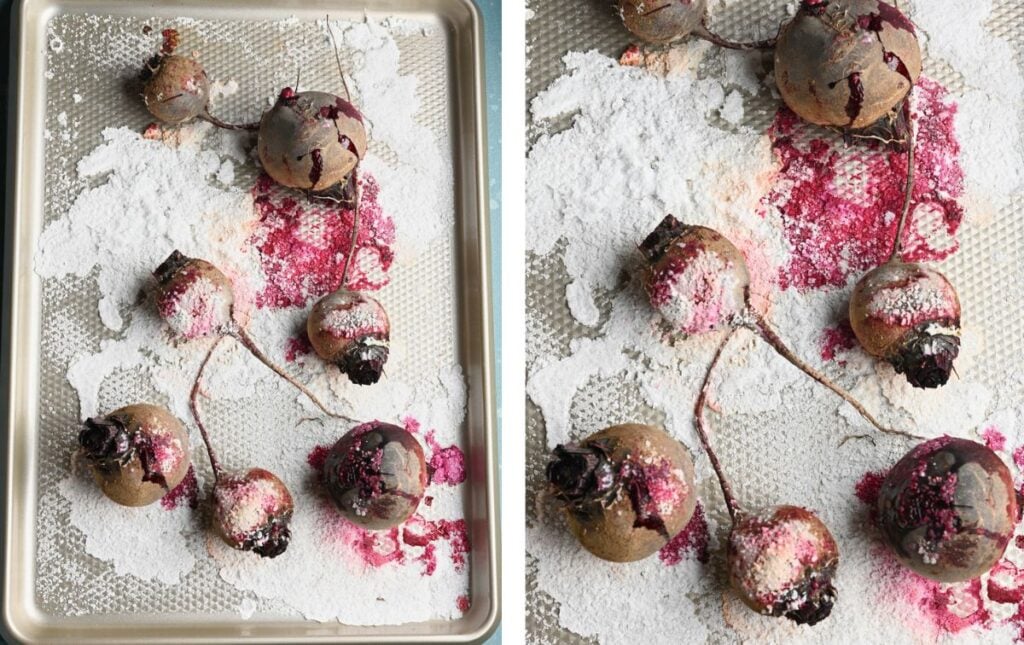 Roasted beets on a salt tray, showcasing their vibrant color and crispy salt crust after baking.
