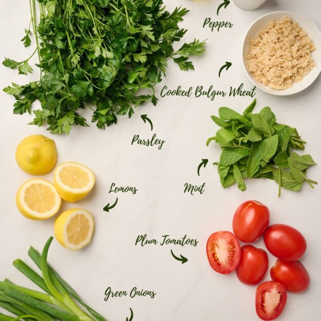 Ingredients for tabouli salad, including bulgur, parsley, mint, lemon, green onions, tomatoes, salt, pepper, and olive oil.