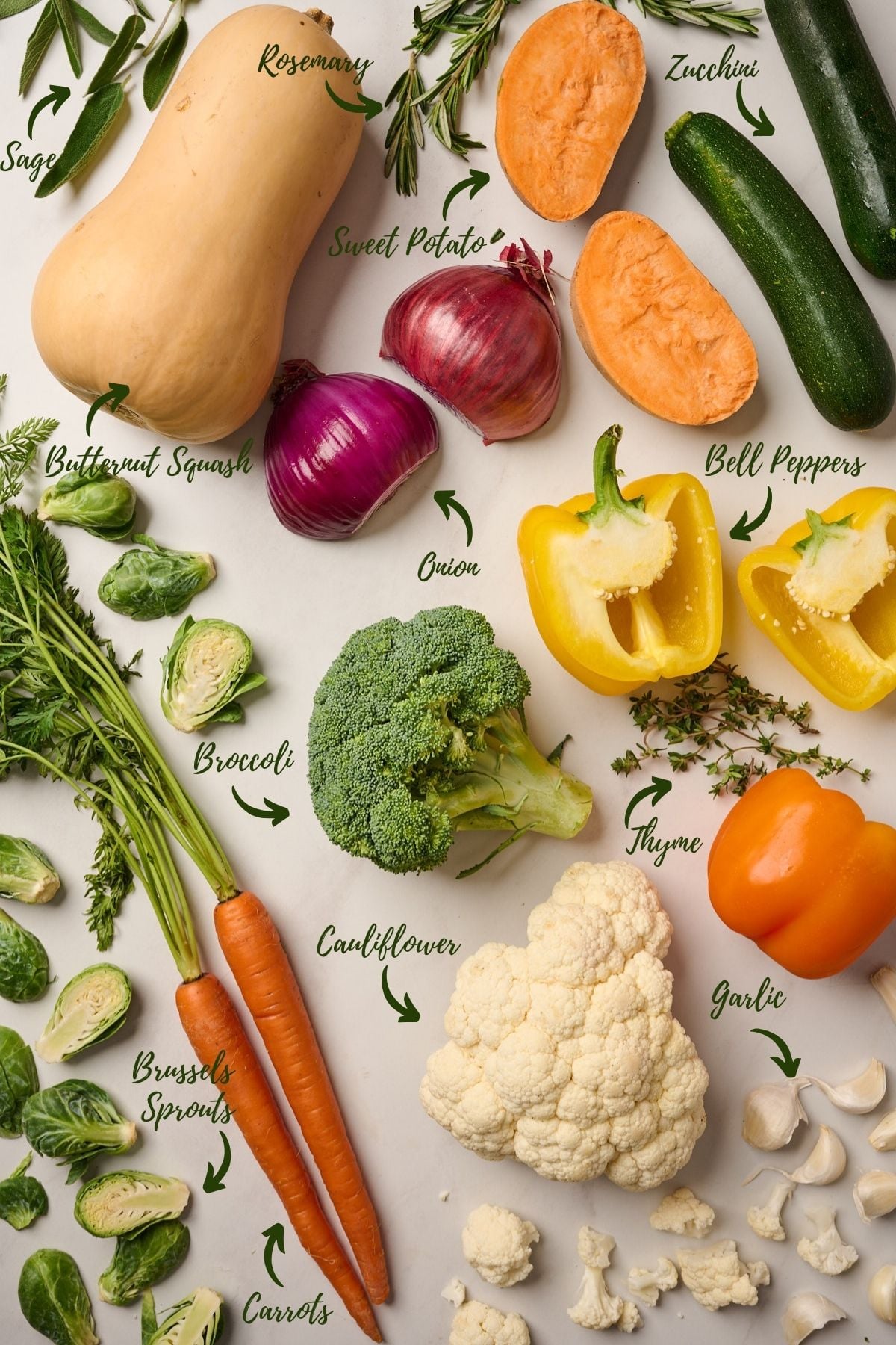 Raw vegetables including bell peppers, zucchini, broccoli, cauliflower, Brussels sprouts, carrots, sweet potatoes, squash, red onion, garlic, and herbs on a kitchen counter