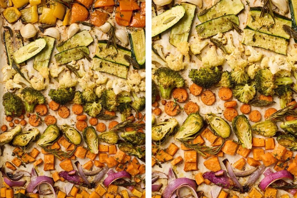 Fully roasted vegetables on a baking sheet with browned edges and caramelized color