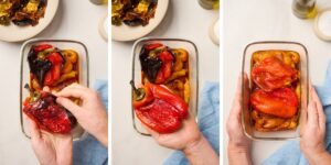 Hand peeling the skin off roasted peppers and placing them in a glass storage container