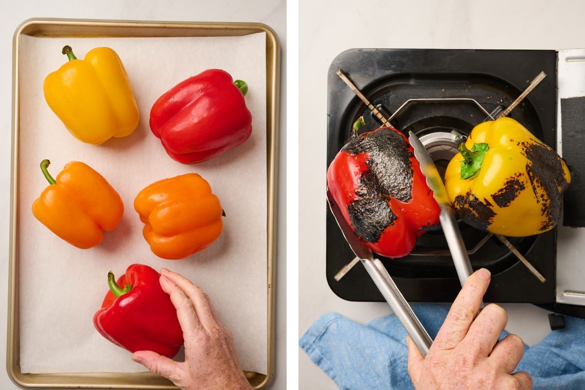 Two cooking methods shown—peppers placed on a baking sheet and peppers roasting over an open flame