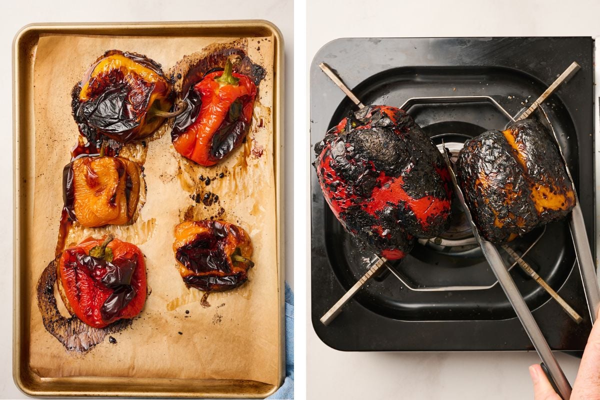 Finished roasted peppers side-by-side—oven-roasted on a tray and flame-roasted with blackened skins