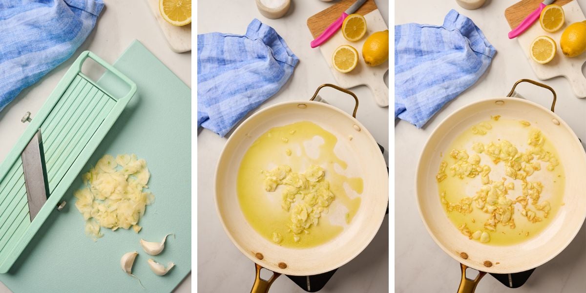 Garlic being sliced thinly on a mandolin and sautéed in olive oil until golden