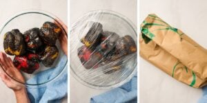 Roasted peppers resting in a bowl sealed with plastic wrap to steam, or placed in a paper bag