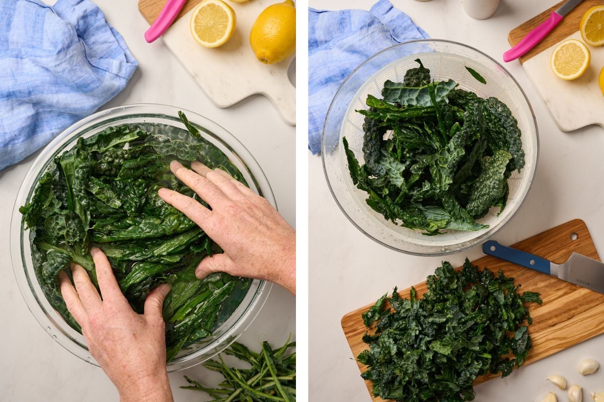Kale leaves being washed in a bowl of water and chopped on a wooden cutting board