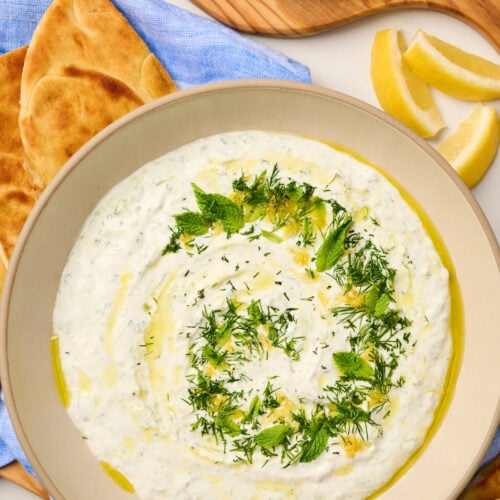Close-up shot of creamy tzatziki with fresh herbs, lemon zest, and olive oil beside toasted pita