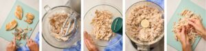 Various methods for shredding chicken including forks, stand mixer, hand mixer, food processor, and by hand.