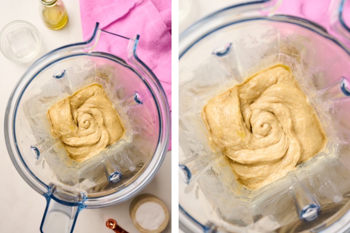 Two angles of creamy tahini sauce fully blended in blender container
