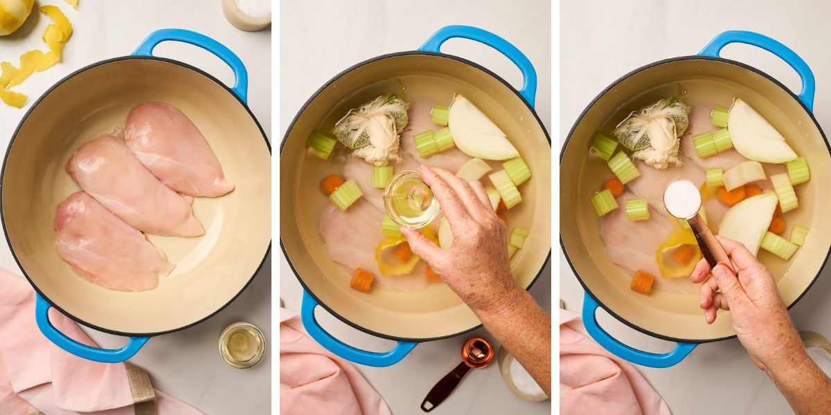 Boneless skinless chicken breasts in pot with herbs, vegetables, water, salt, and wine being added