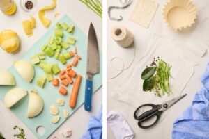 Chopped vegetables and herb bundle being prepared to add to chicken broth
