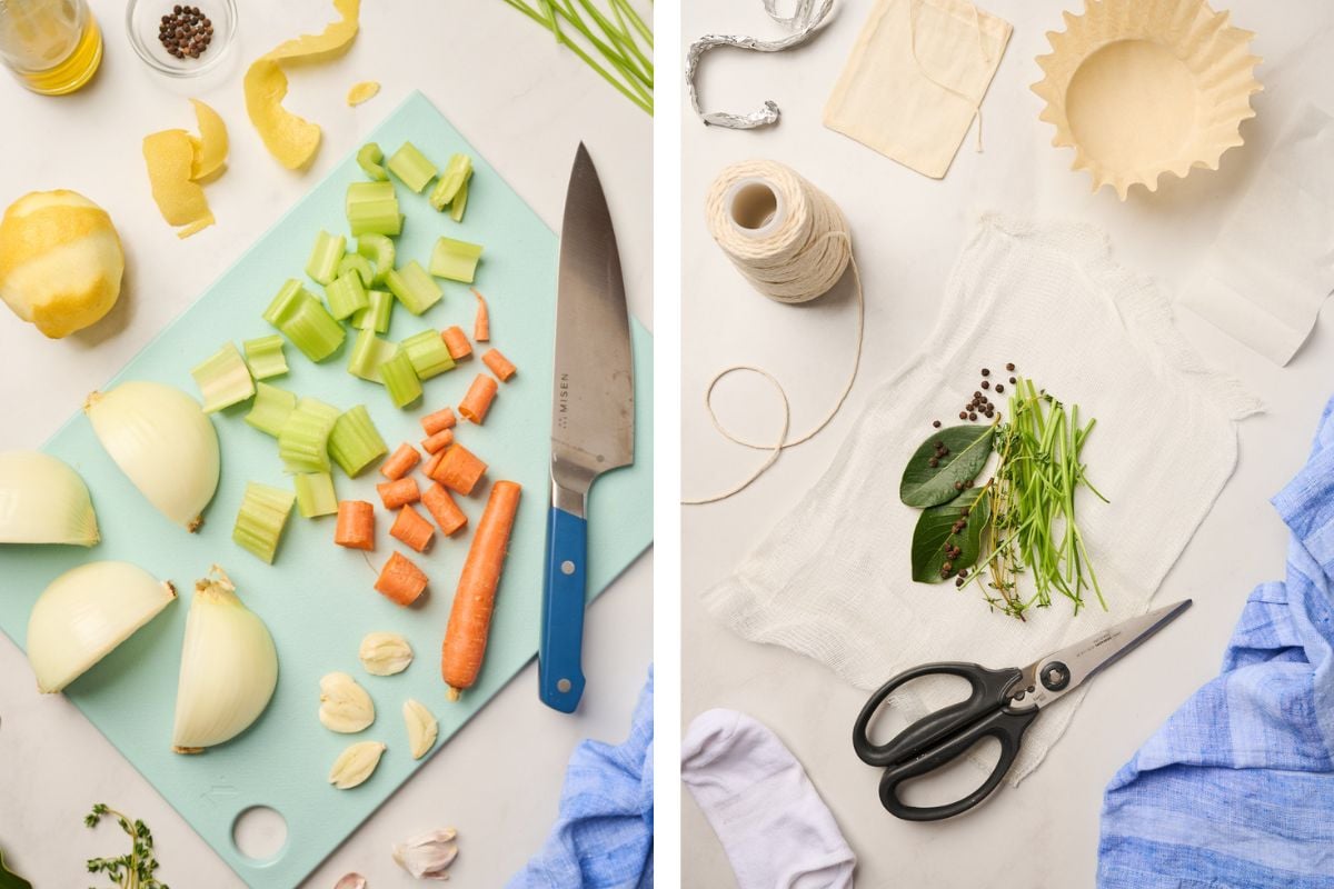 Chopped vegetables and herb bundle being prepared to add to chicken broth