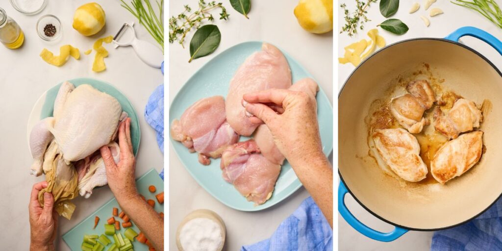 Whole chicken being prepped with giblets removed and boneless, skinless cuts being seared