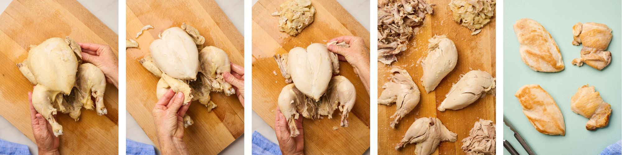Resting whole cooked chicken being removed from the pot and separated from skin and bones along with resting boneless, skinless chicken