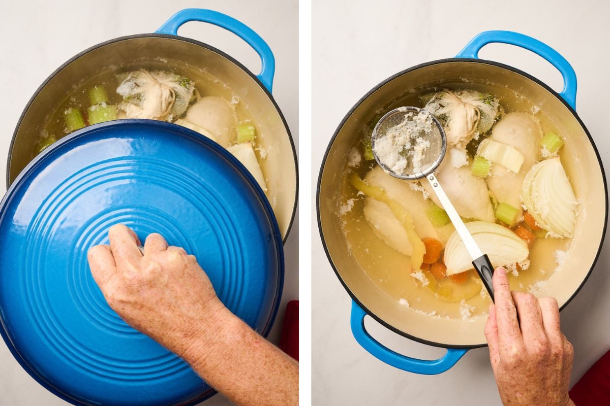 Hand covering the pot after boiling and skimming off impurities from poaching broth