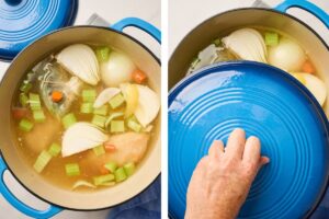 Searing boneless chicken simmering with aromatics and water in a covered pot