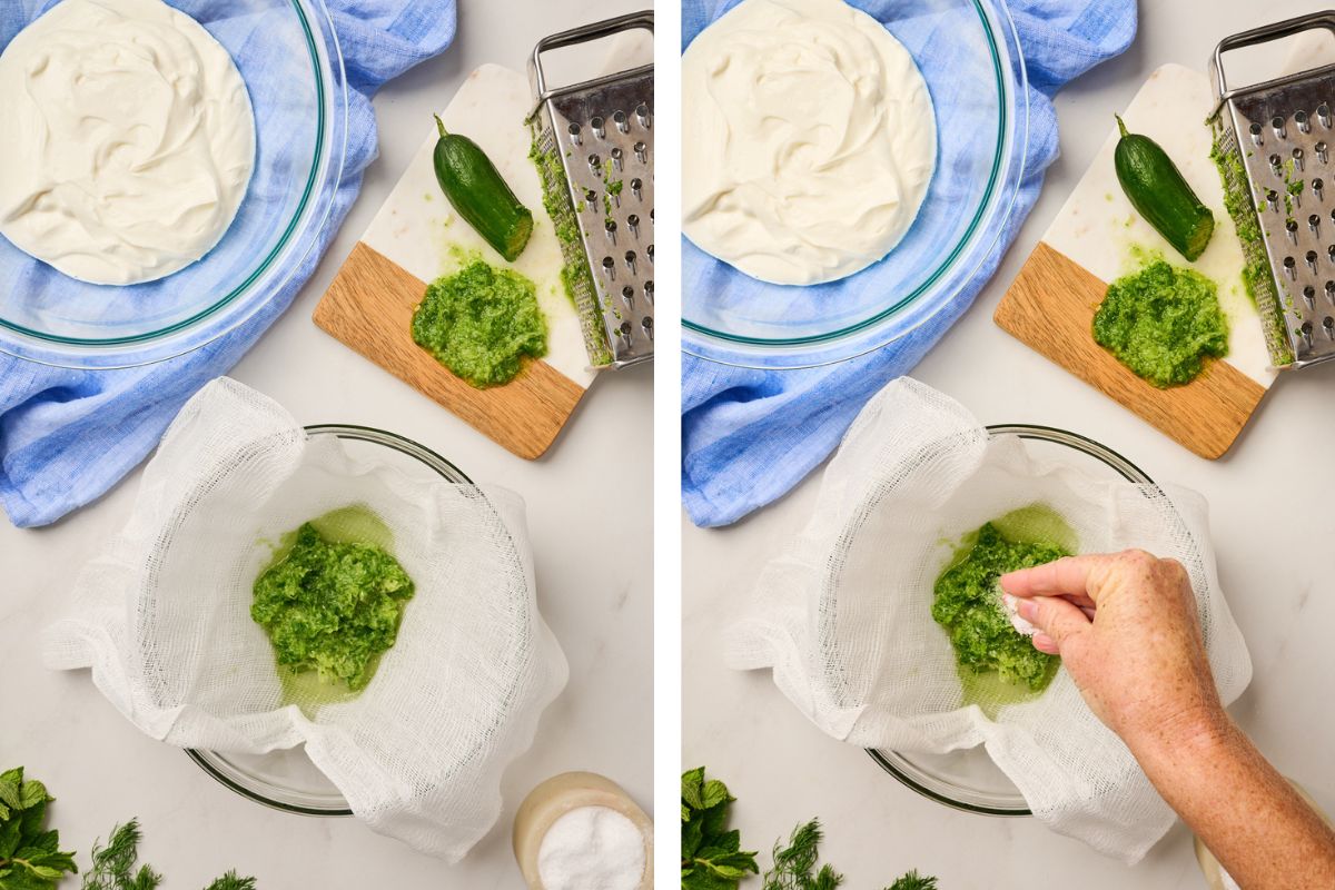 Grated cucumber in cheesecloth being salted to release moisture with yogurt and cucumber in the background