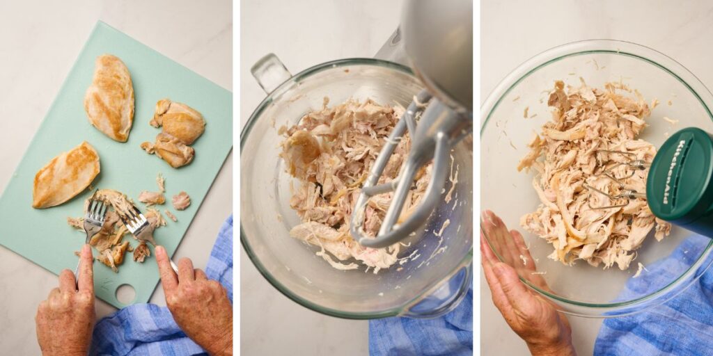 Various methods for shredding chicken including forks, stand mixer, and hand mixer