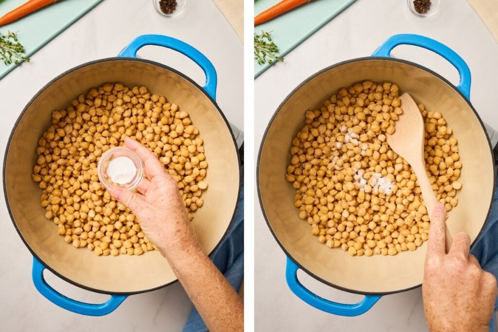 Chickpeas being warmed with baking soda in large pot to loosen skins