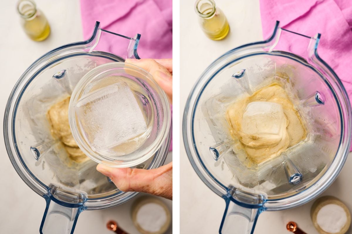 Ice cube added to blender to lighten and emulsify tahini sauce