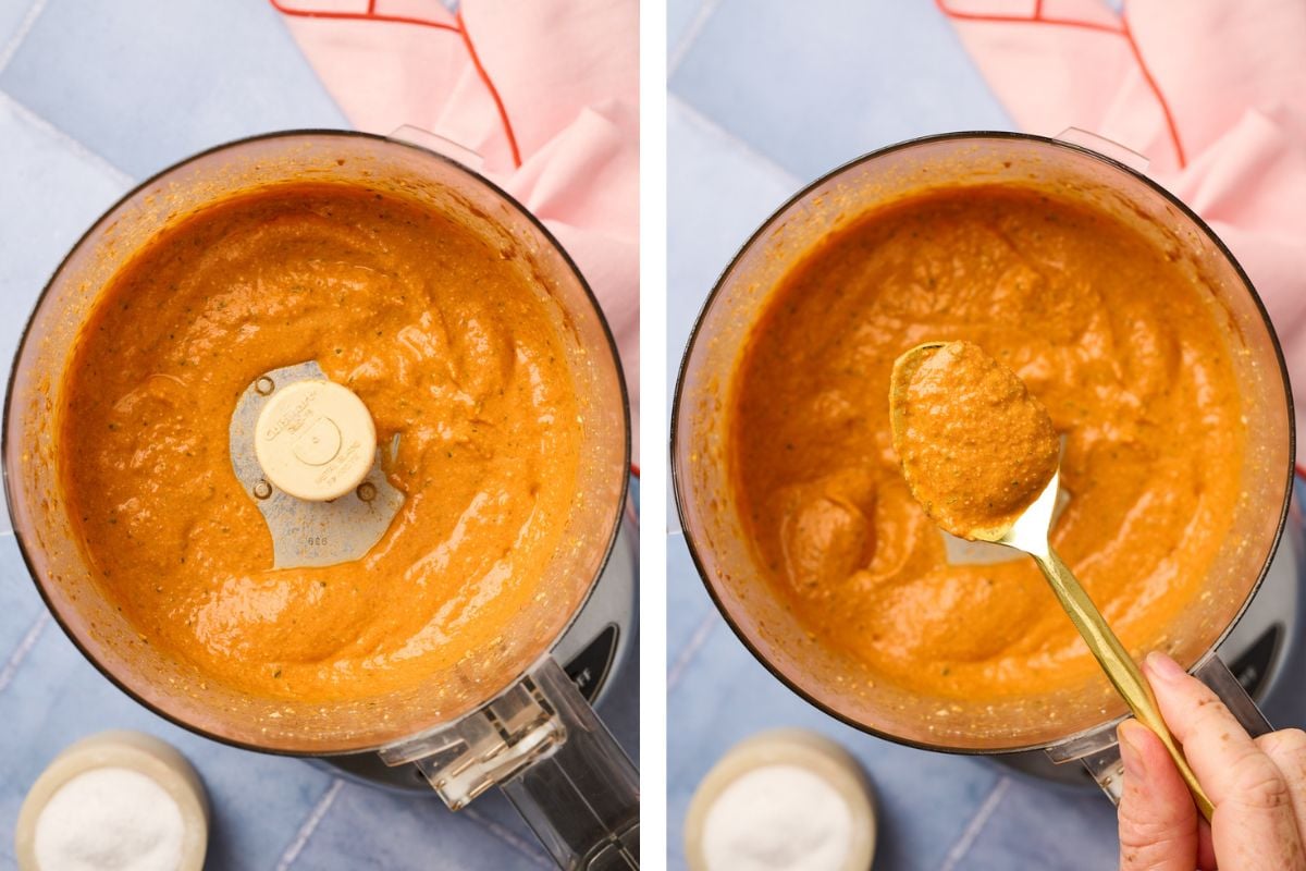 Blended tirokafteri in food processor with spoon showing thick, whipped texture