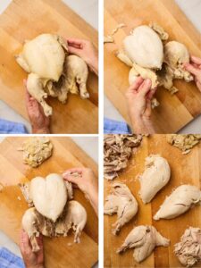 Whole cooked chicken being removed from the pot and separated from skin and bones