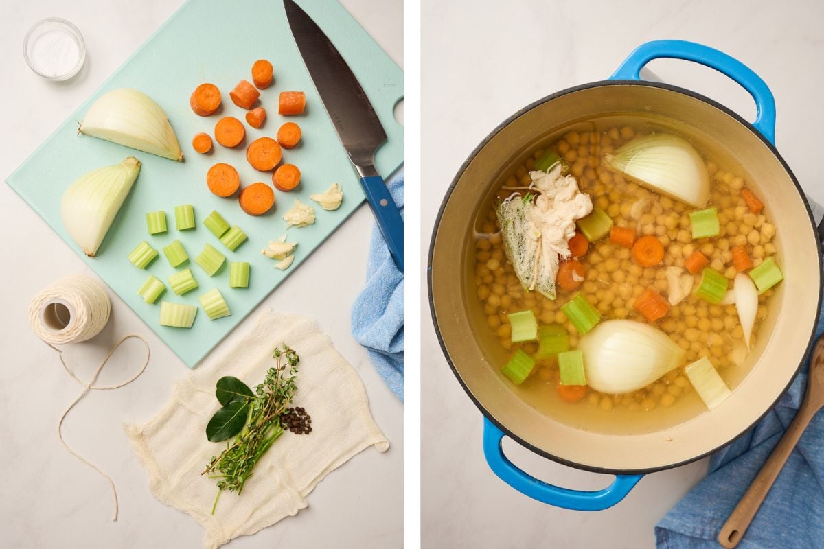 Aromatic vegetables and herbs wrapped in cheesecloth to flavor chickpea cooking water