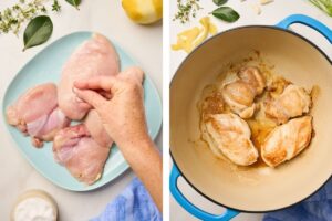 Boneless chicken breasts and thighs seasoned and seared in a large pot