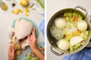 Removing giblet cavity from whole chicken and prepping it in pot with aromatics and herbs for poaching