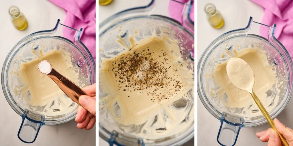 Close-up of whipped tahini dressing with spoon showcasing silky texture and seasoning