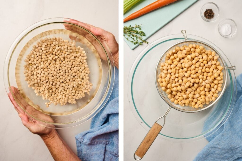 Hands holding soaked chickpeas in bowl and rinsing them after overnight soaking