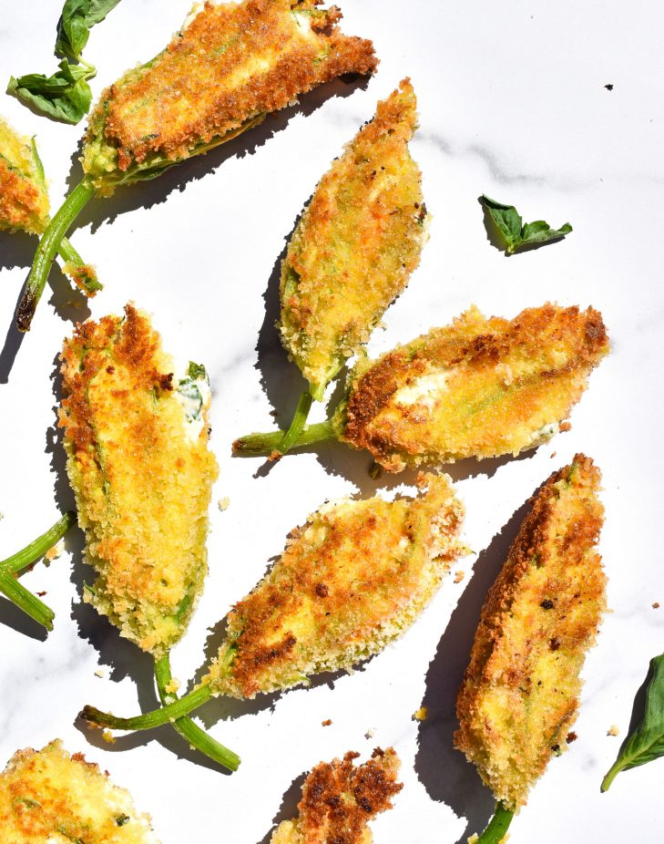 Stuffed Squash Blossoms- Side Stuffed Squash Blossoms overhead shot